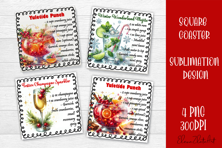 Square coaster holder, cocktail recipes, sublimation designs