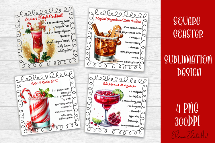Square coaster holder, cocktail recipes, sublimation designs