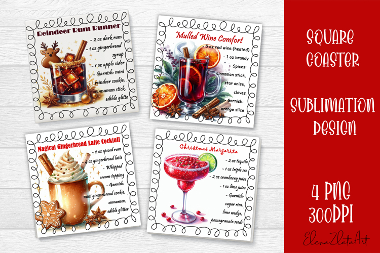 Square coaster holder, cocktail recipes, sublimation designs