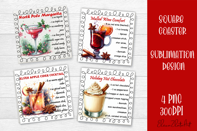 Square coaster holder, cocktail recipes, sublimation designs