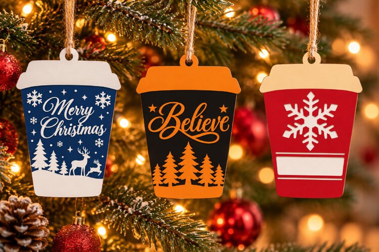 Christmas Coffee Cup Ornament SVG, Laser Cut File example image 1