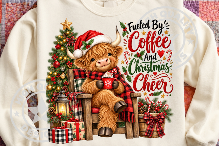 Christmas Coffee Lover Highland Cow PNG
