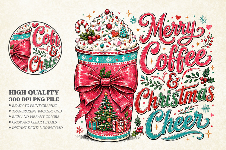 Christmas Coffee Sublimation PNG - Merry Cheer Art