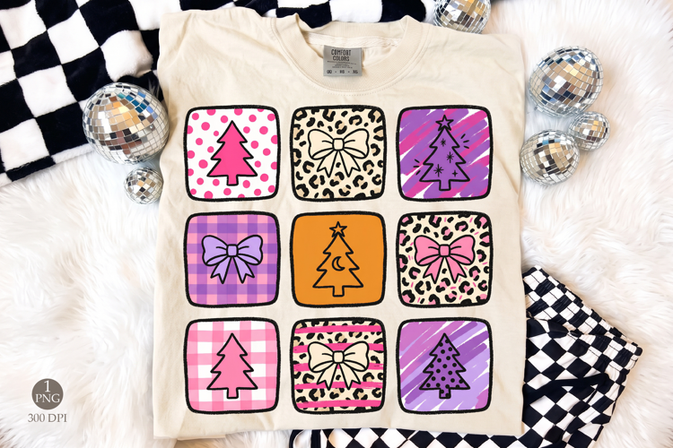 Christmas Collage PNG, Girly Tree and Bow Patchwork Design