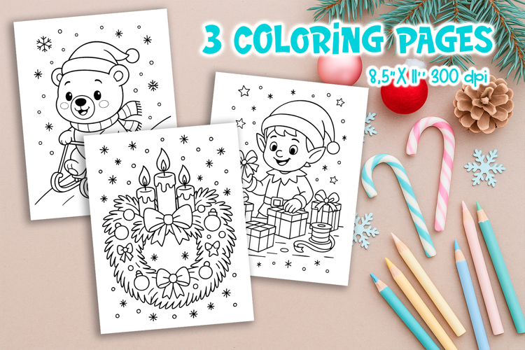 Christmas Kids Coloring Pages | Bear Elf Candle Wreath