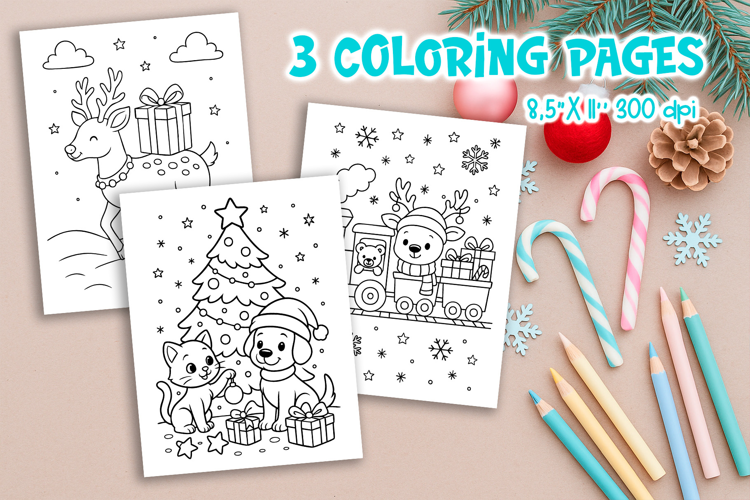 Christmas Kids Coloring Pages | Reindeer Cat Dog Train