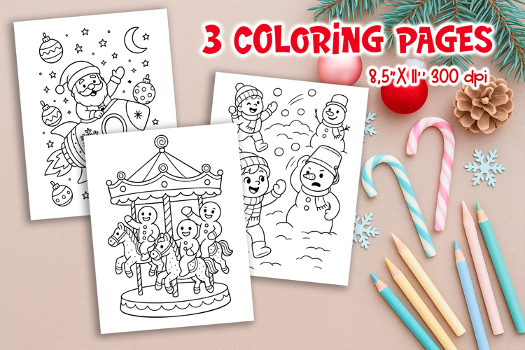 Christmas Kids Coloring Pages | Santa Rocket Snow Fun