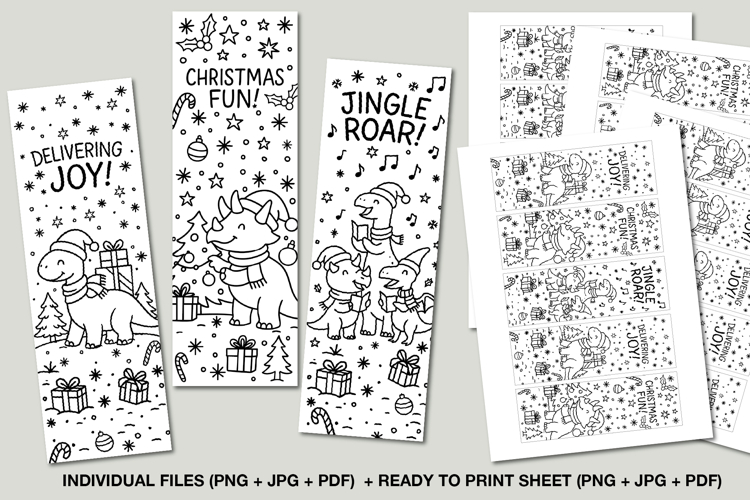 Christmas Dinosaur Coloring Bookmarks, Holiday Kid Printable