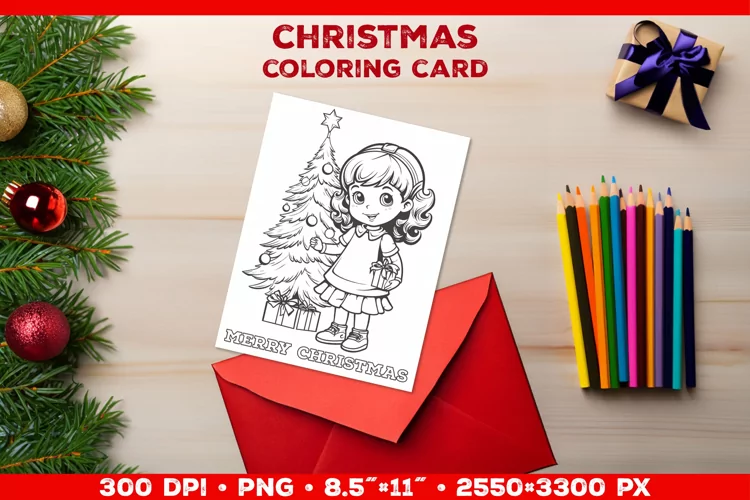 Christmas Coloring Card: Festive Girl Decorating the Tree