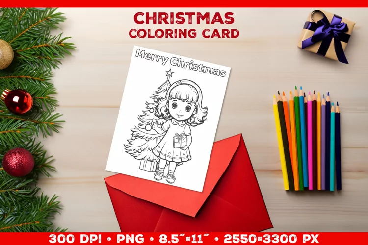 Christmas Coloring Card: Festive Girl Decorating the Tree