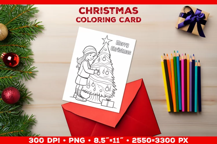 Christmas Coloring Card: Festive Girl Decorating the Tree