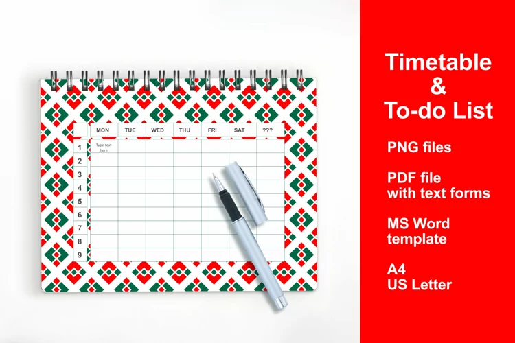 Christmas Colors Timetable To-Do List Printable Editable PDF