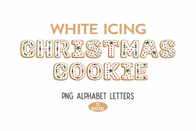 Christmas Cookie alphabet white icing holly - 26 PNG letters