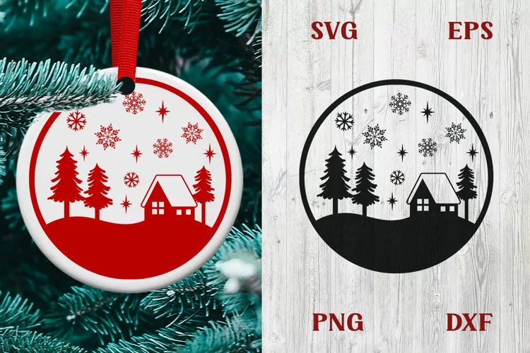 Christmas Village | Round SVG Scene with Cottage