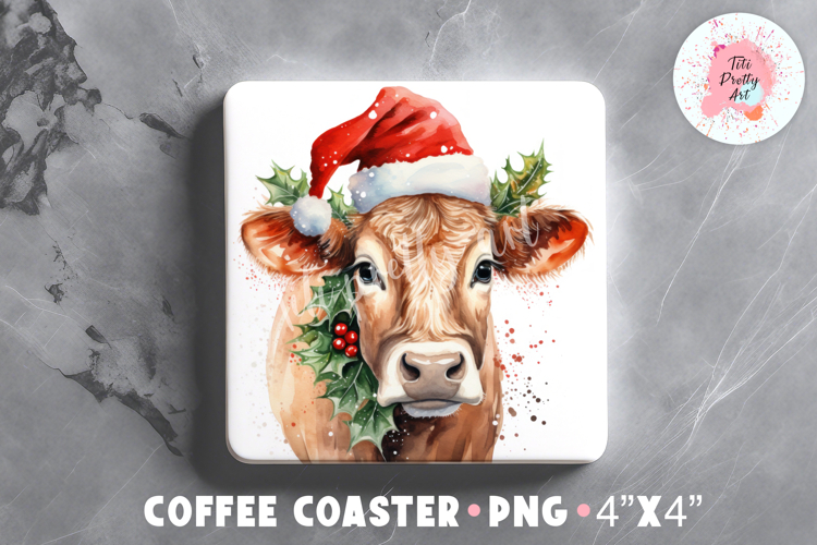 Christmas Cow Square Coaster Sublimation Design Png