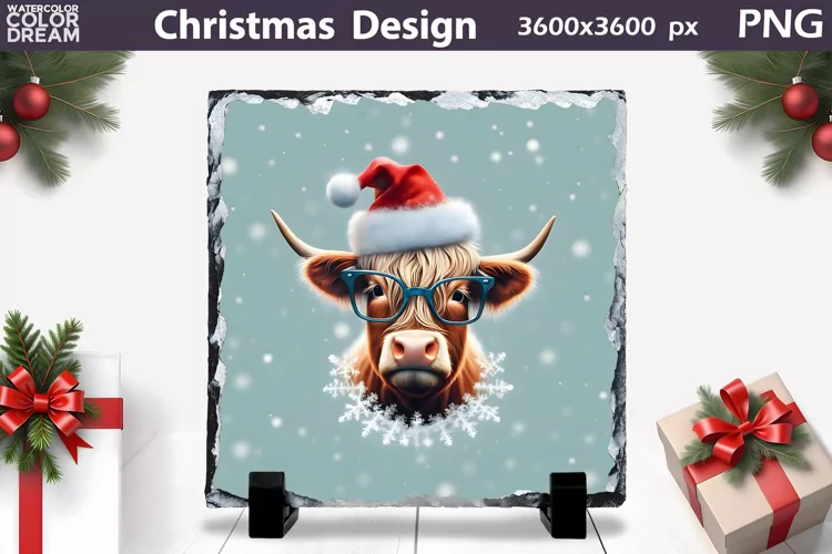 Highland Cow Christmas Illustration | Slate Sublimation