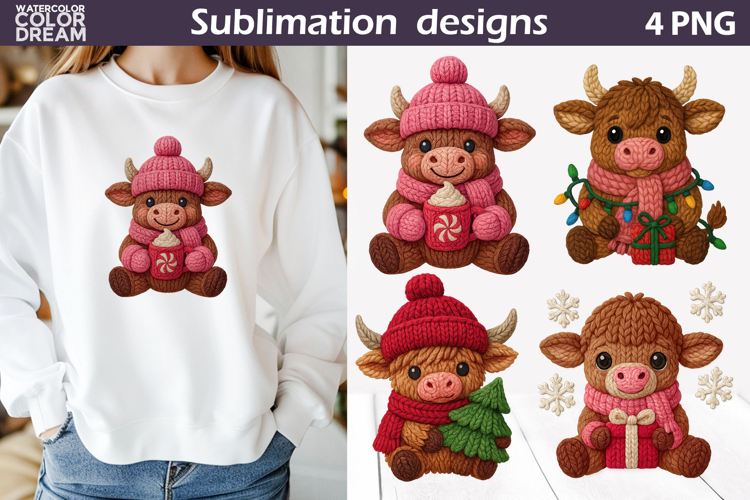 Highland Cow Crochet Clipart | Christmas Knitted Sublimation