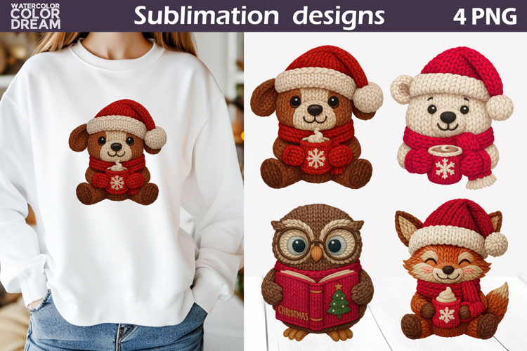 Cute Animals Crochet Clipart | Christmas Knitted Sublimation
