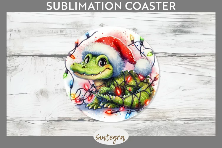 Christmas Crocodile v1 Entangled in Lights Round Coaster Sub