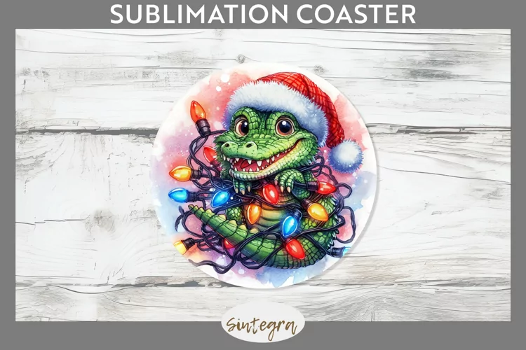 Christmas Crocodile v2 Entangled in Lights Round Coaster Sub