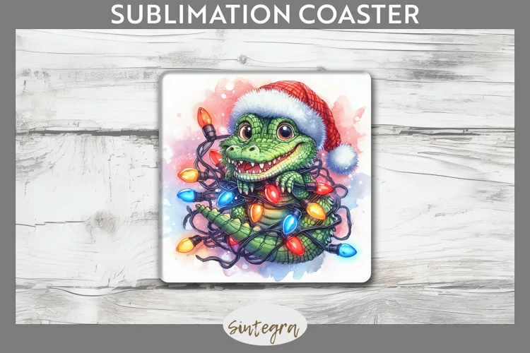 Christmas Crocodile v2 Entangled in Lights Square Coaster Su