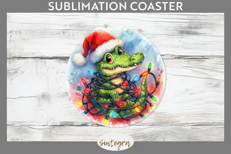 Christmas Crocodile v3 Entangled in Lights Round Coaster Sub