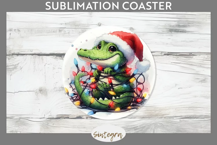 Christmas Crocodile v4 Entangled in Lights Round Coaster Sub