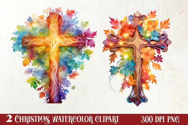 Christmas Cross Watercolor Clipart, Jesus Christ Clipart