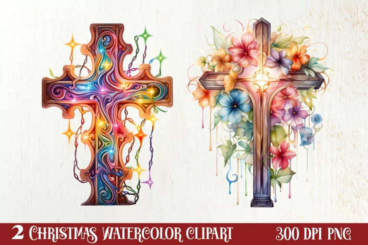 Christmas Cross Watercolor Clipart, Jesus Christ Clipart