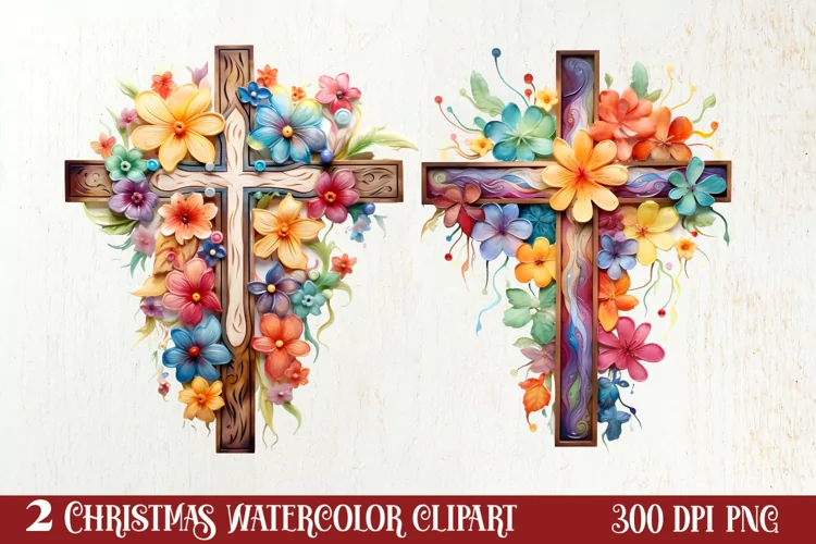 Christmas Cross Watercolor Clipart, Jesus Christ Clipart