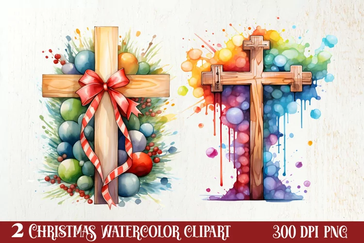 Christmas Cross Watercolor Clipart, Jesus Christ Clipart