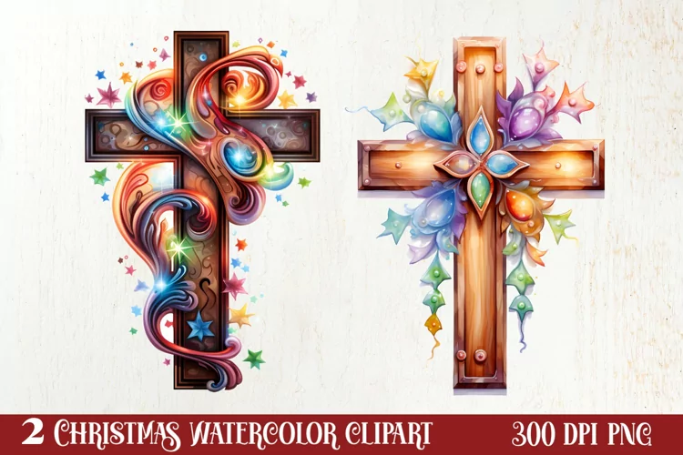 Christmas Cross Watercolor Clipart, Jesus Christ Clipart