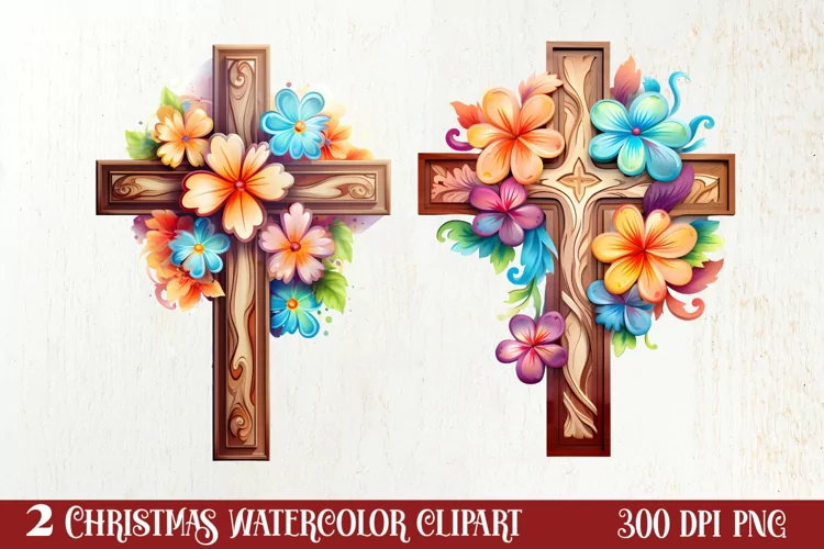 Christmas Cross Watercolor Clipart, Jesus Christ Clipart