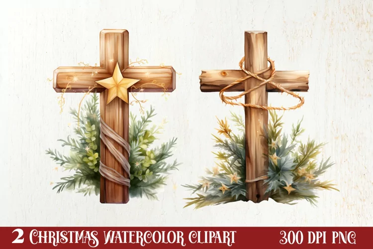 Christmas Cross Watercolor Clipart, Jesus Christ Clipart