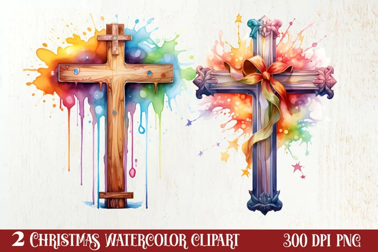 Christmas Cross Watercolor Clipart, Jesus Christ Clipart