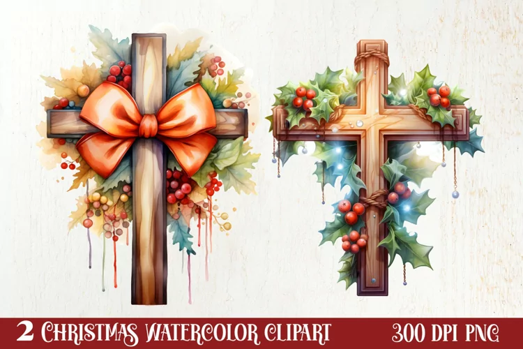 Christmas Cross Watercolor Clipart, Jesus Christ Clipart