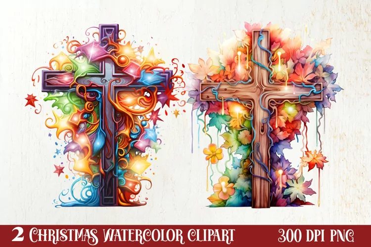 Christmas Cross Watercolor Clipart, Jesus Christ Clipart