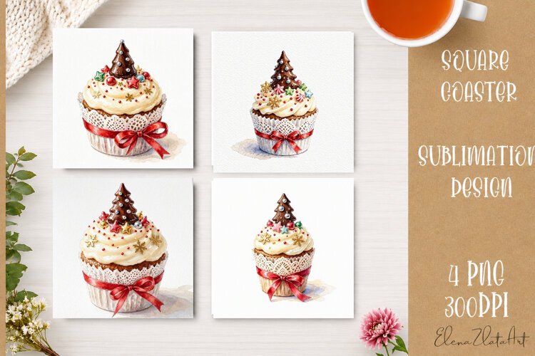 Christmas Cupcake Coaster | 4 Watercolor PNG Sublimation example image 1
