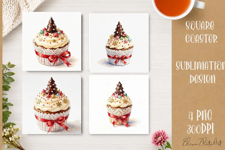 Christmas Cupcake Coaster | 4 Watercolor PNG Sublimation