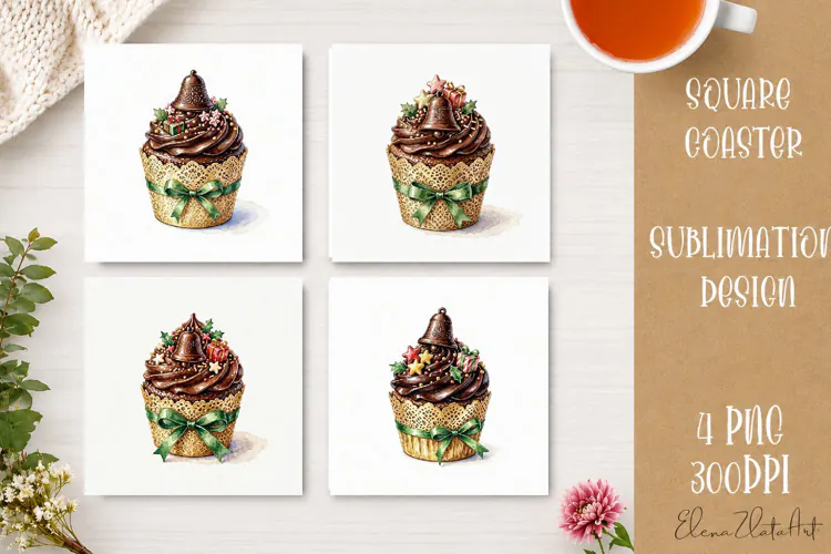Christmas Cupcake Coaster | 4 Watercolor PNG Sublimation