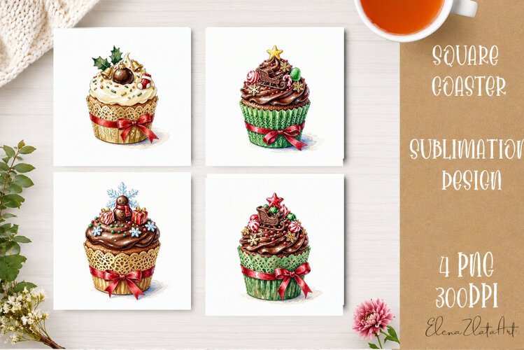 Christmas Cupcake Coaster | 4 Watercolor PNG Sublimation example image 1
