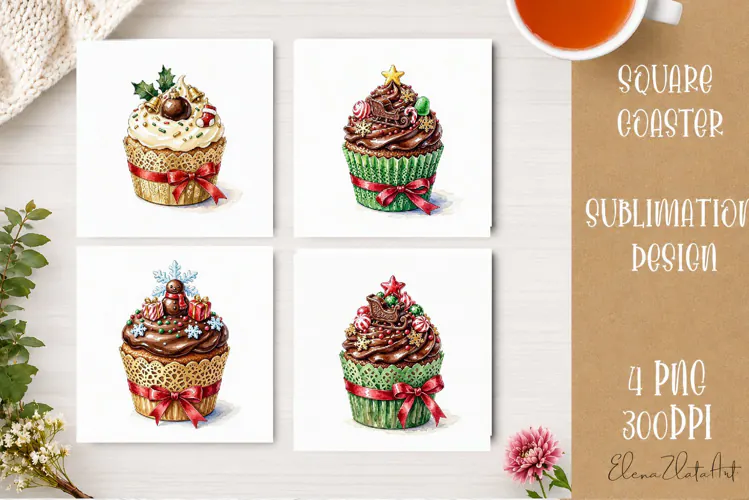 Christmas Cupcake Coaster | 4 Watercolor PNG Sublimation