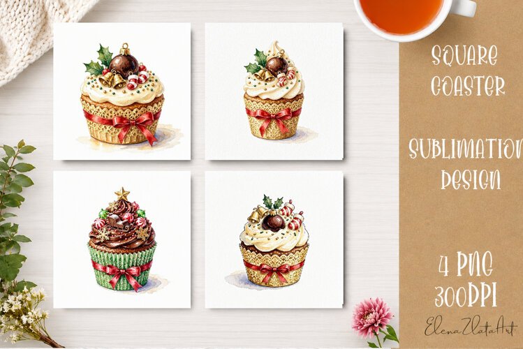 Christmas Cupcake Coaster | 4 Watercolor PNG Sublimation example image 1