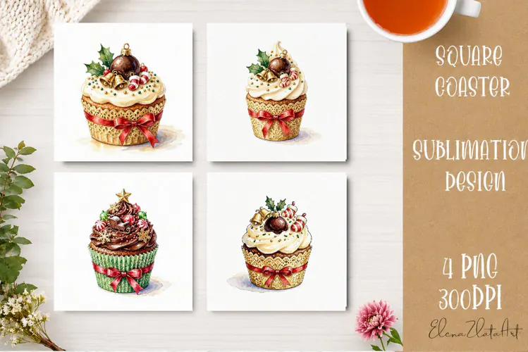 Christmas Cupcake Coaster | 4 Watercolor PNG Sublimation