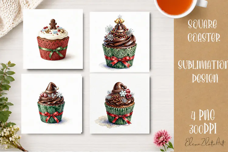 Christmas Cupcake Coaster | 4 Watercolor PNG Sublimation