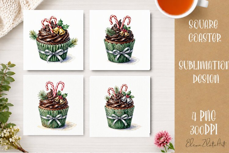 Christmas Cupcake Coaster | 4 Watercolor PNG Sublimation example image 1
