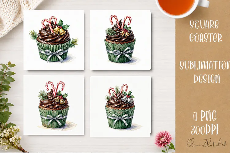 Christmas Cupcake Coaster | 4 Watercolor PNG Sublimation