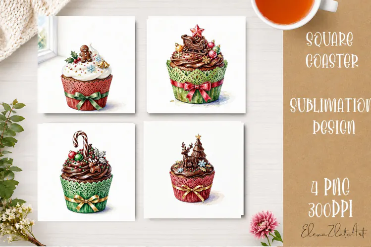 Christmas Cupcake Coaster | 4 Watercolor PNG Sublimation