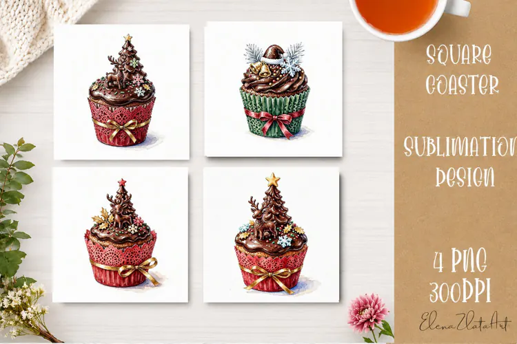 Christmas Cupcake Coaster | 4 Watercolor PNG Sublimation