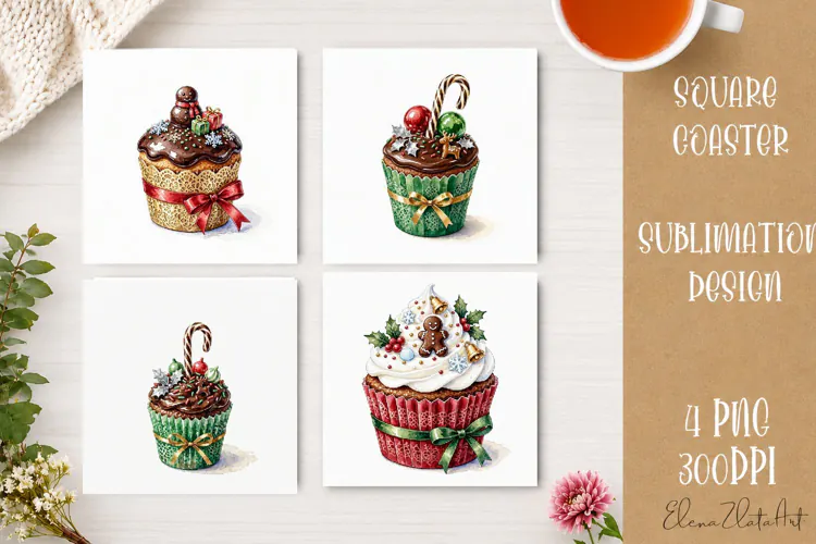 Christmas Cupcake Coaster | 4 Watercolor PNG Sublimation